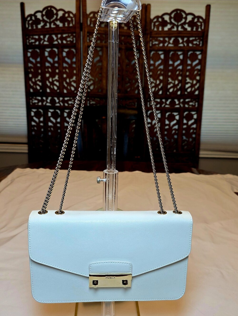 Furla Metropolis White Leather Chain Crossbody Bag Gold Hardware